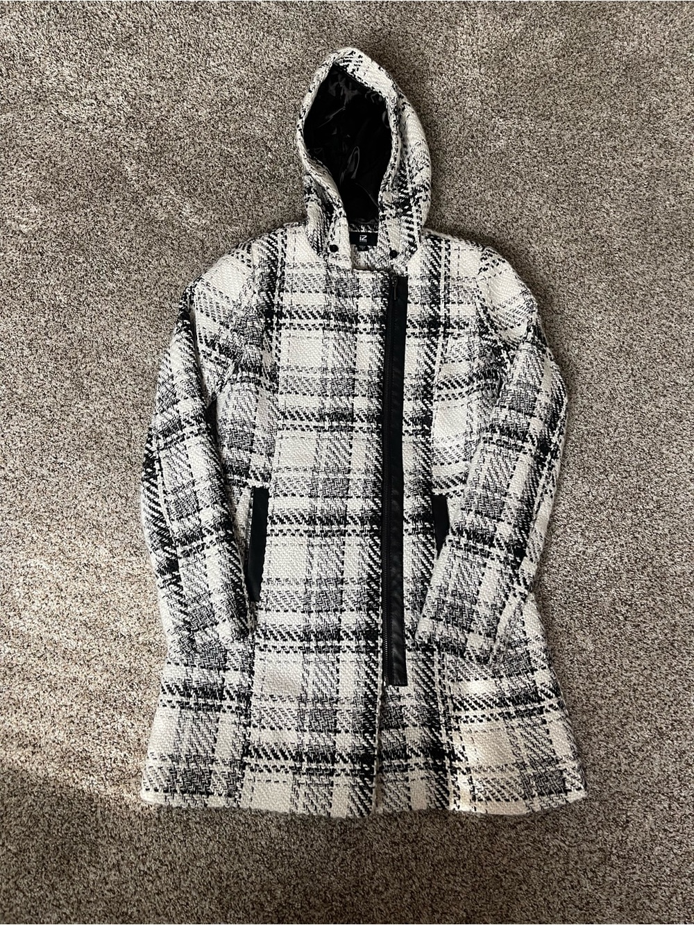 Iz Byer Black & White Plaid Hooded Trench Coat